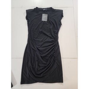 Floral Pig Black Ruched Side T-Shirt‎ Dress Sz Medium Crew Neck Stretch Mini LBD